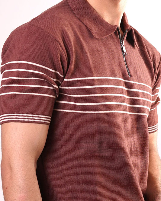 STRIPED ESSENTIAL ZIP-UP POLO - BROWN