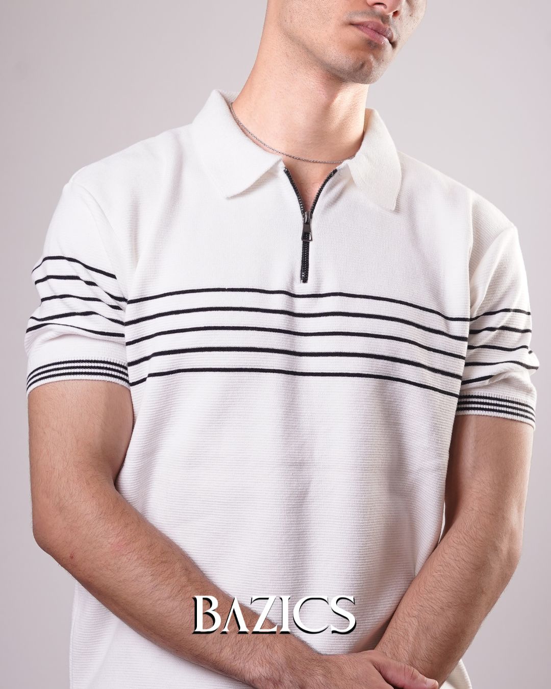 STRIPED ESSENTIAL ZIP-UP POLO - WHITE