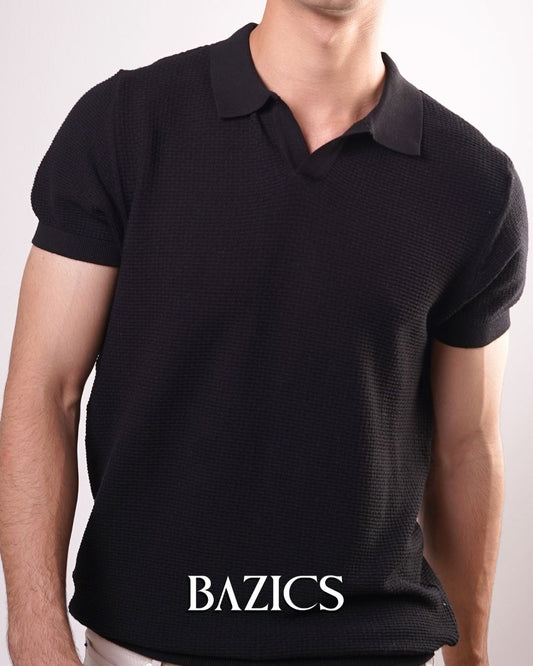 TEXTURED CLASSIC KNIT POLO - BLACK