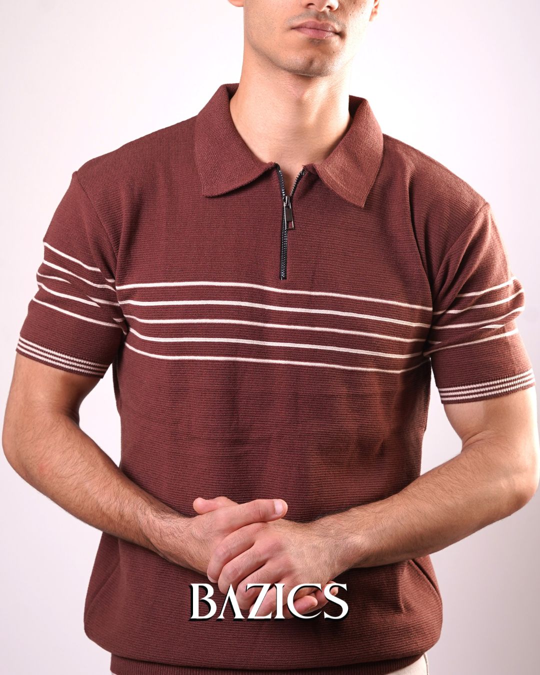 STRIPED ESSENTIAL ZIP-UP POLO - BROWN