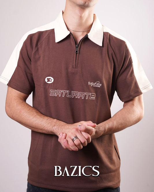 SATURATE ZIP-UP POLO - BROWN