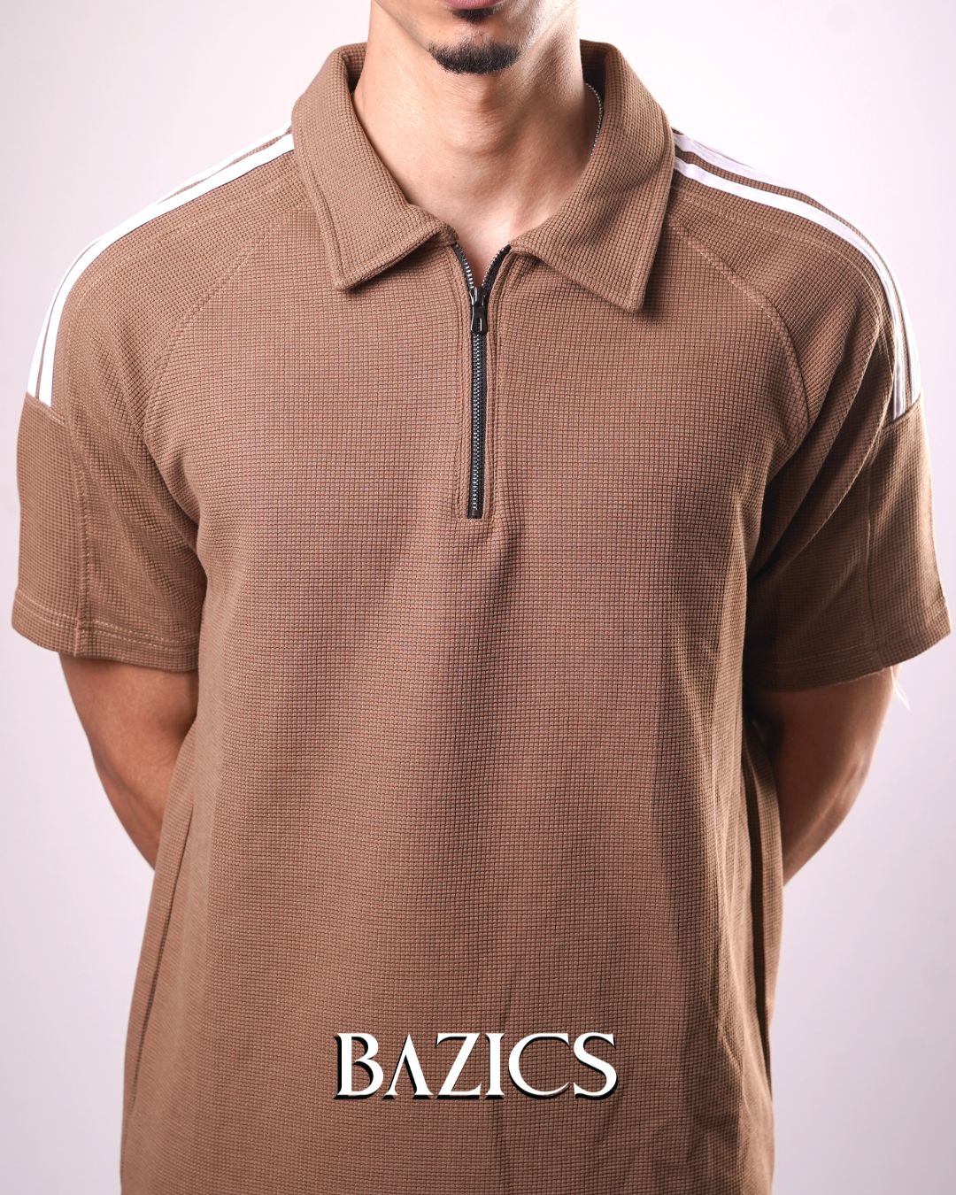URBAN STRIDE ZIP-UP POLO - BROWN