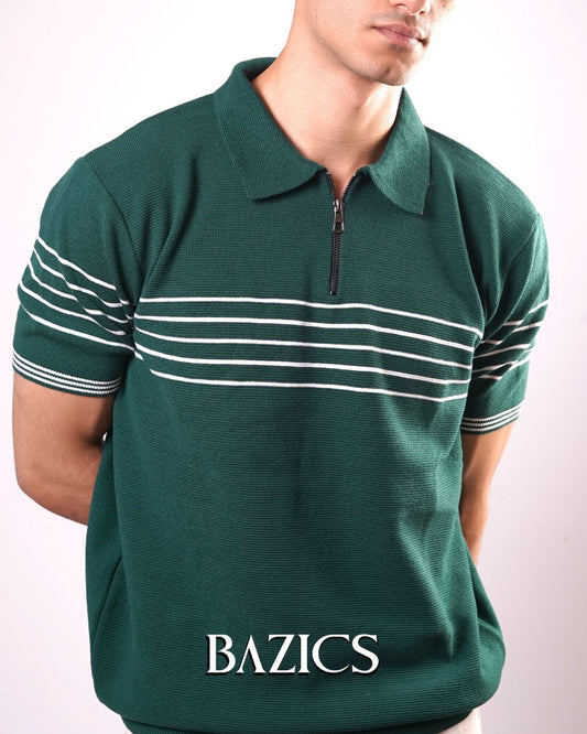 STRIPED ESSENTIAL ZIP-UP POLO - GREEN