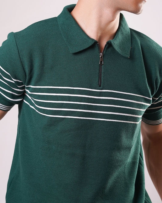 STRIPED ESSENTIAL ZIP-UP POLO - GREEN