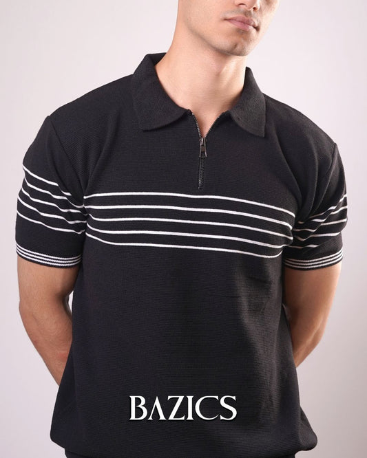 STRIPED ESSENTIAL ZIP-UP POLO - BLACK