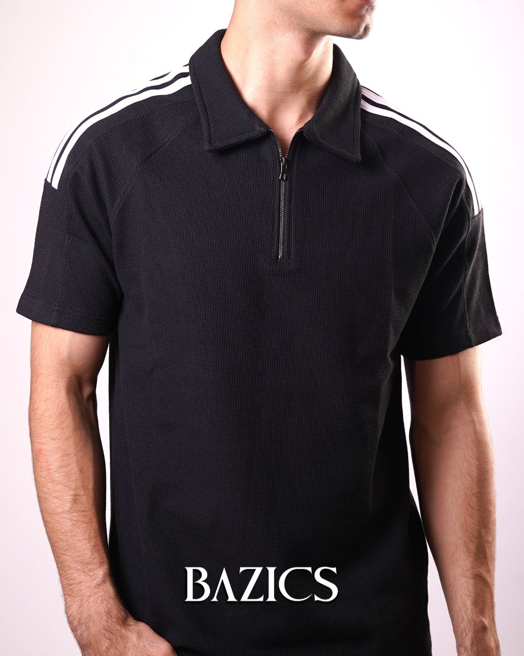 URBAN STRIDE ZIP-UP POLO - BLACK