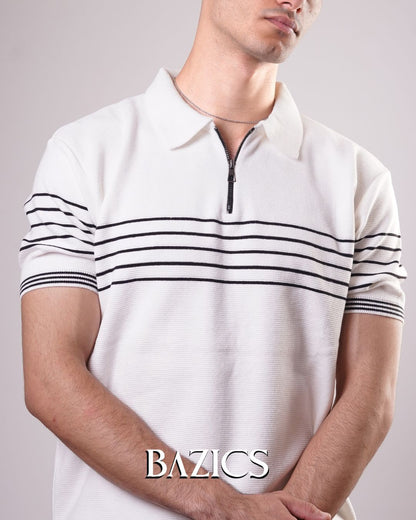 STRIPED ESSENTIAL ZIP-UP POLO - WHITE