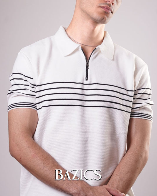 STRIPED ESSENTIAL ZIP-UP POLO - WHITE