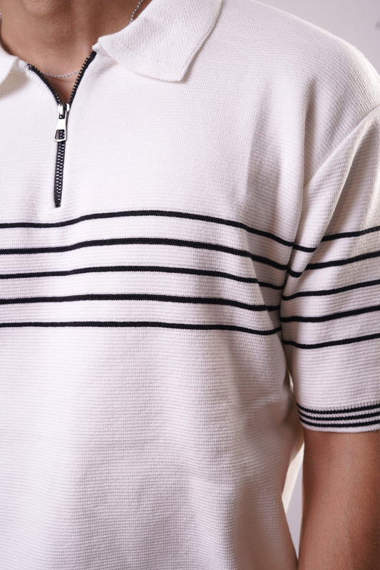 STRIPED ESSENTIAL ZIP-UP POLO - WHITE